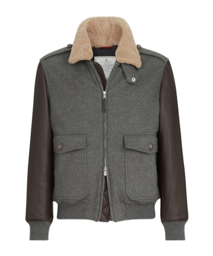 Bonded cashmere beaver cloth and nappa leather bomber jacket with Thermore padding and detachable shearling collar