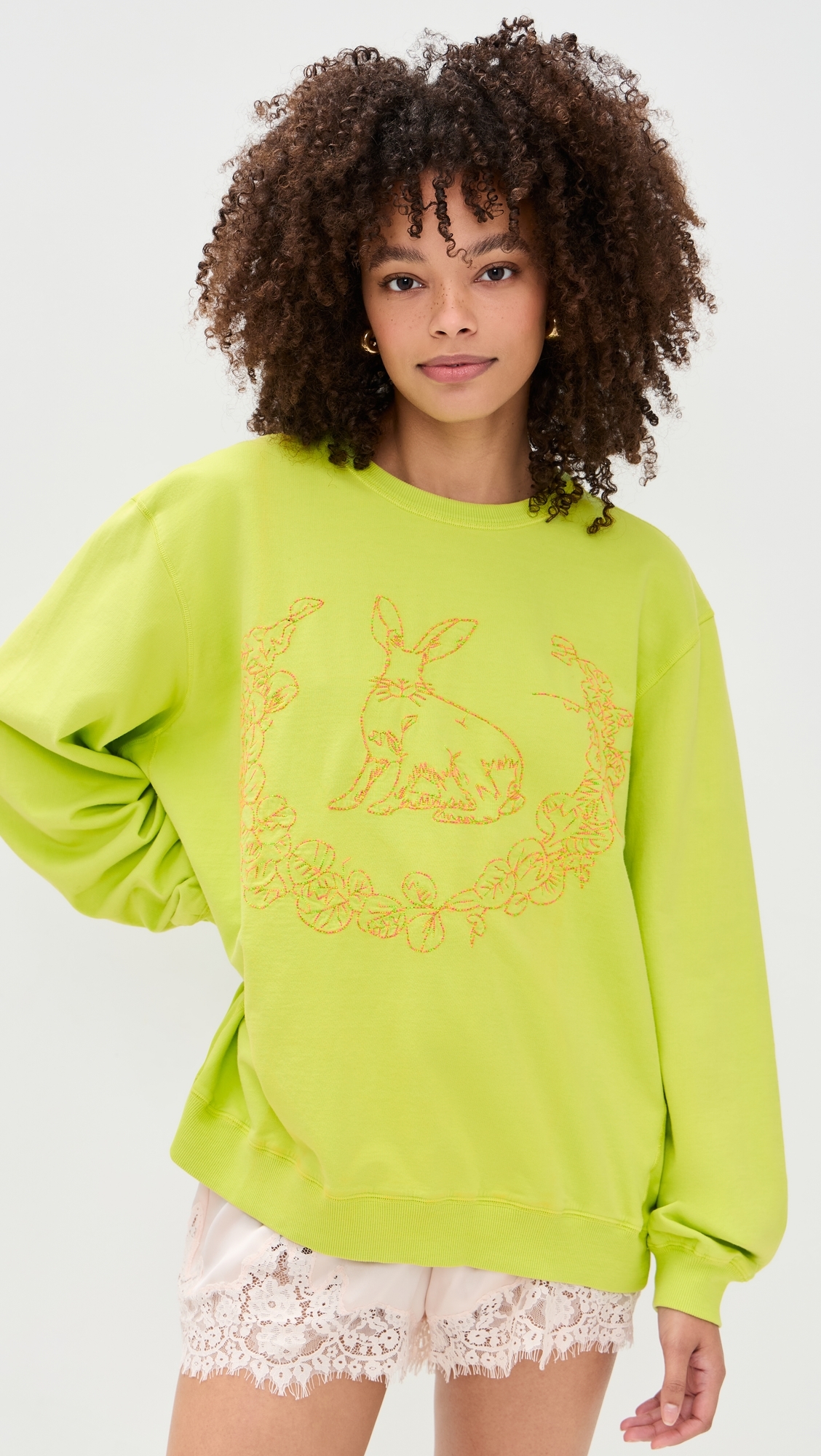 Embroidered Bunny Pullover Lime One Size