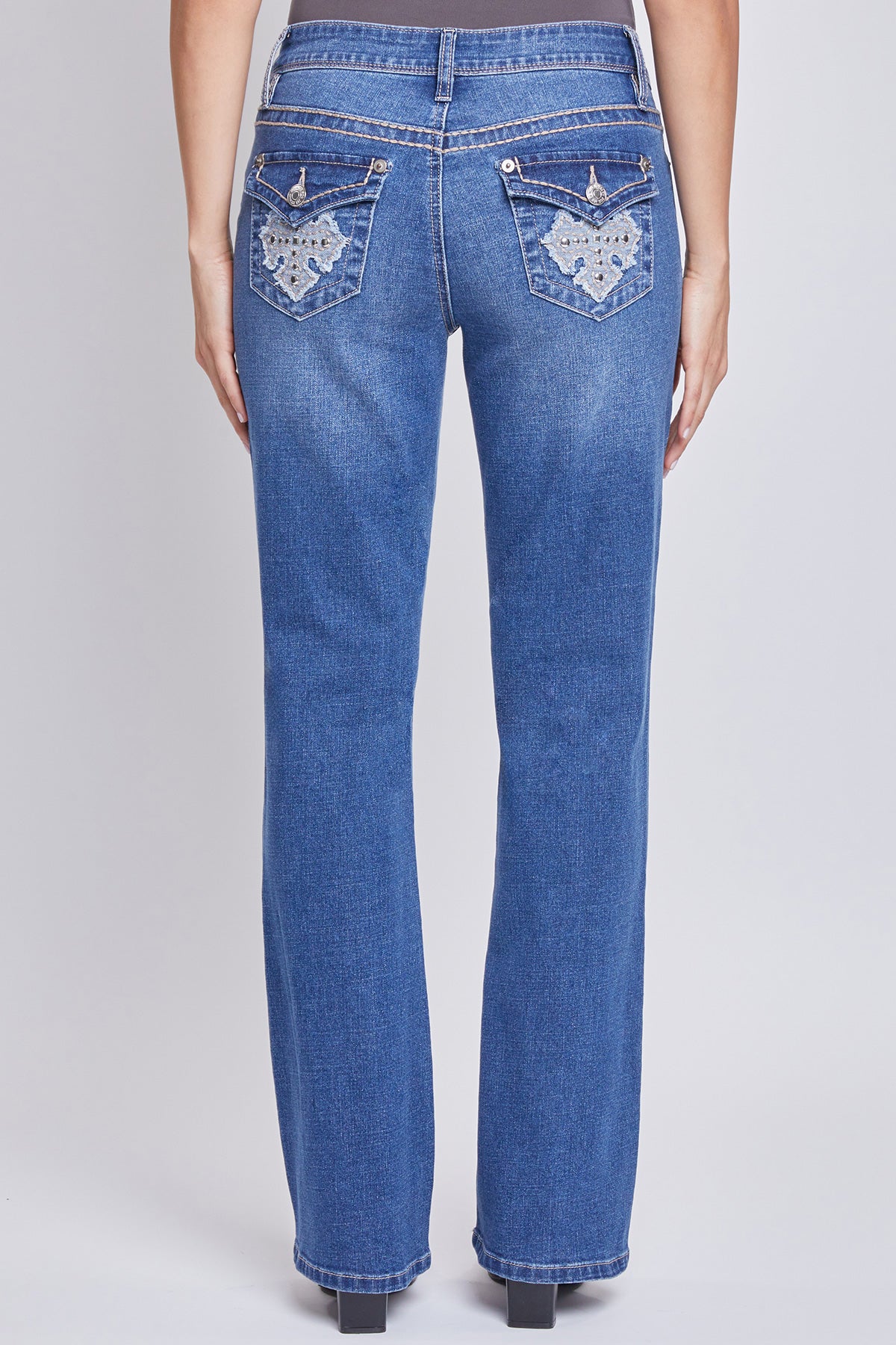 Women's Mid-Rise Studded Cross Flap Pocket Bootcut Jean