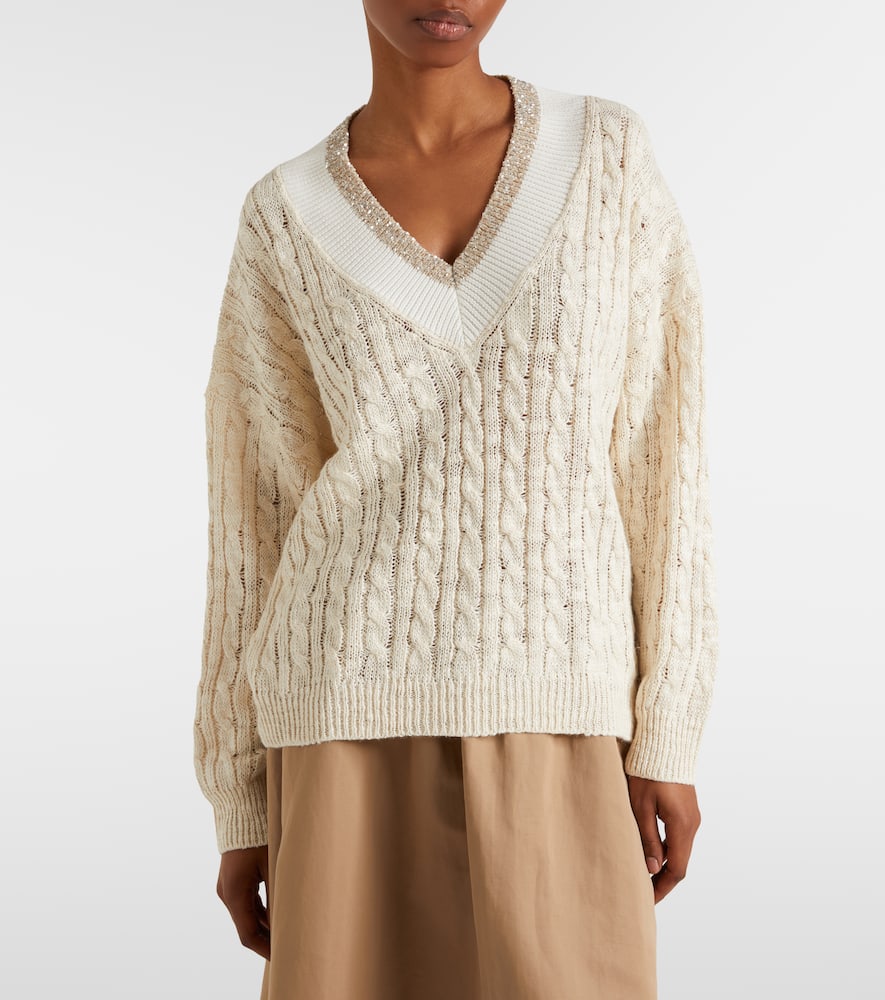 Cable-knit sequined hemp, silk, and cotton sweater