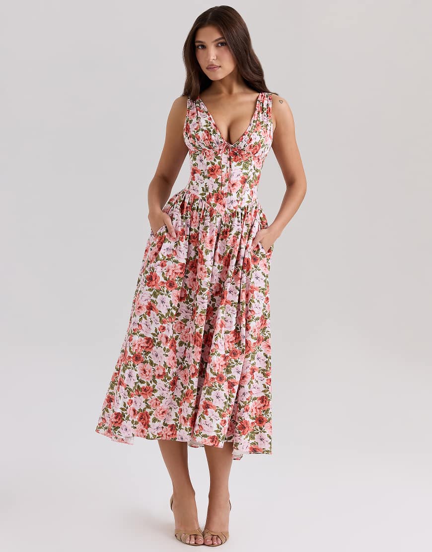 House of CB Emmelina print stretch cotton corset sundress in floral rose-Pink