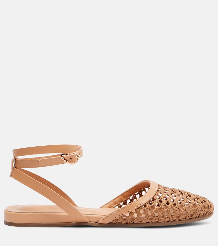 Filothea leather-trimmed raffia slingback flats