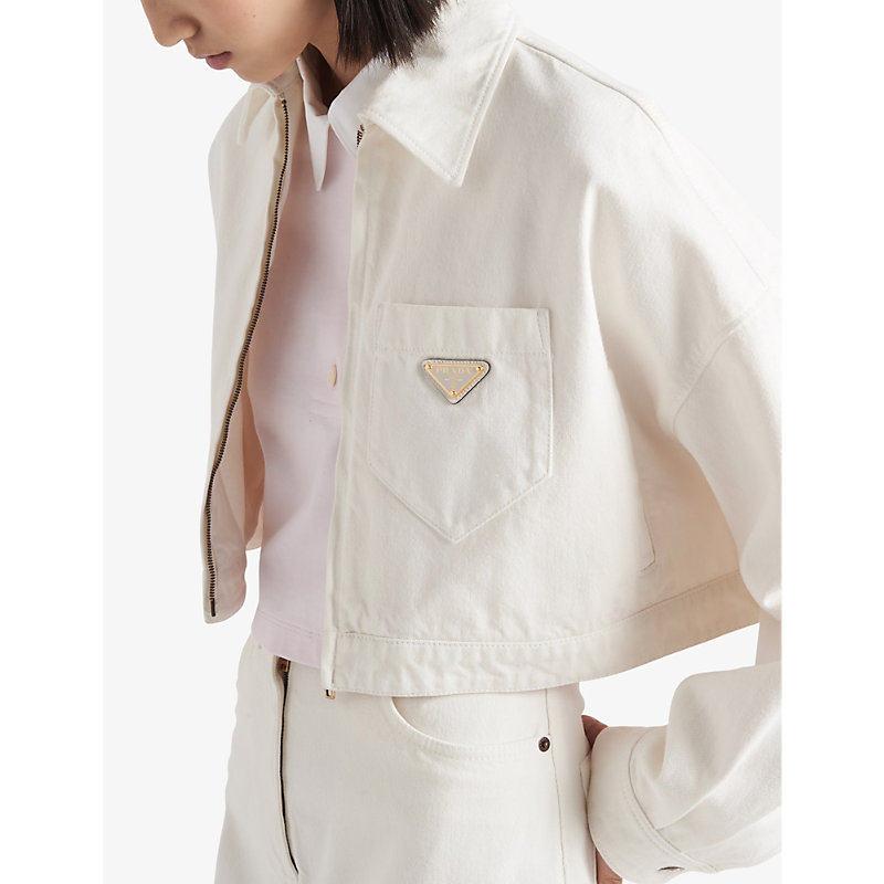 Womens White Brand-plaque Cropped Denim Jacket
