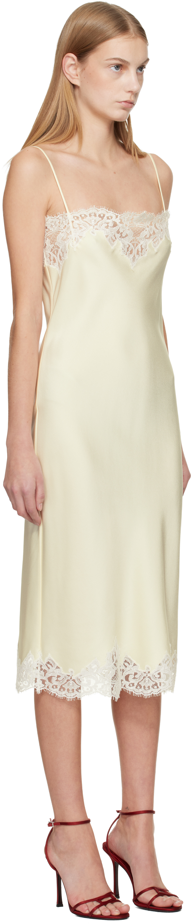Off-White Sleeveless Lace Satin Midi Dress