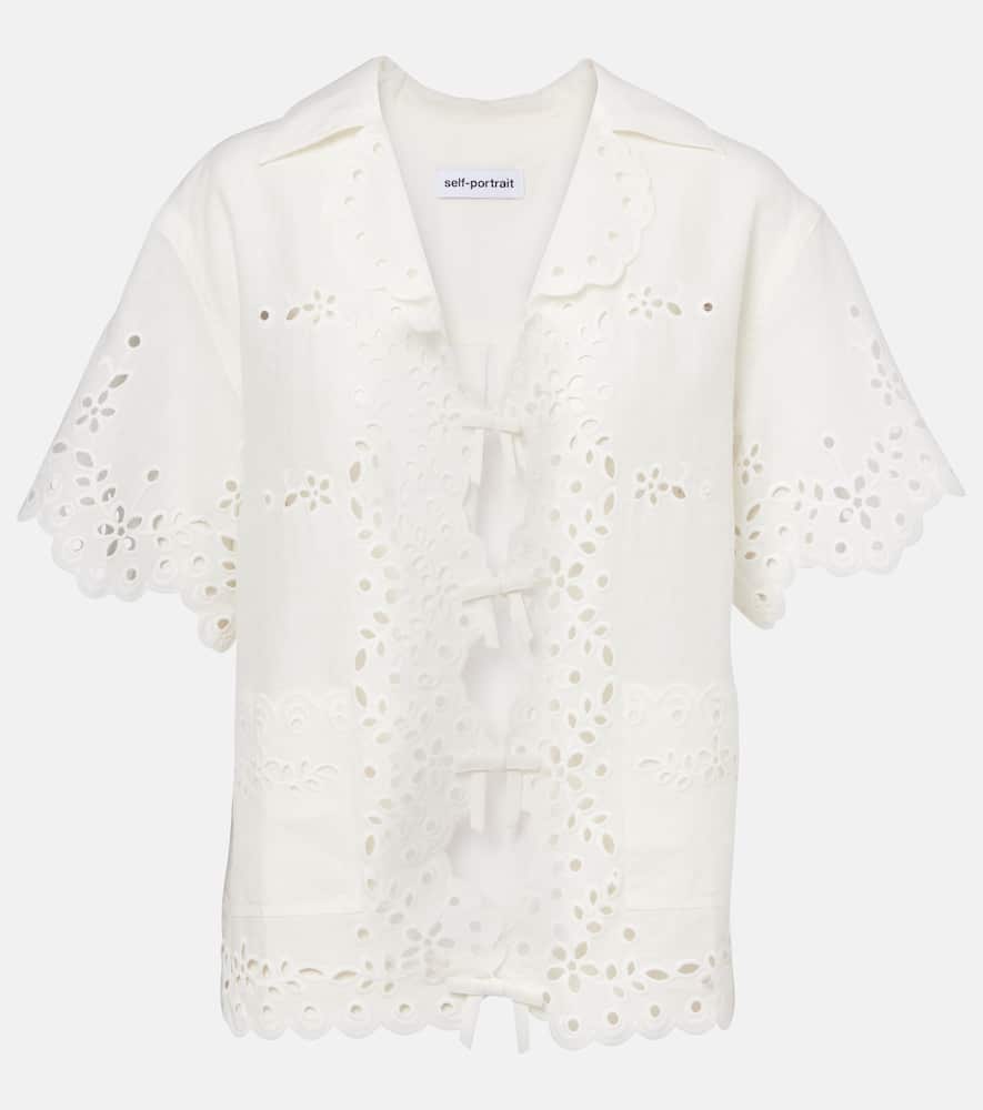 Self-Portrait Embroidered cutout linen and cotton top