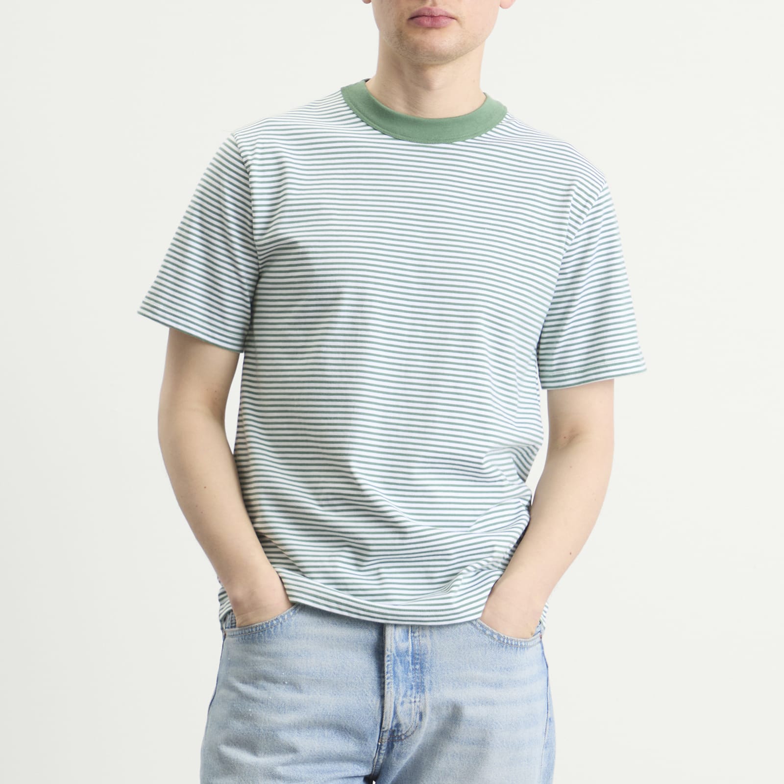Men's Fine Stripe T-Shirt in Ivy/Blanc