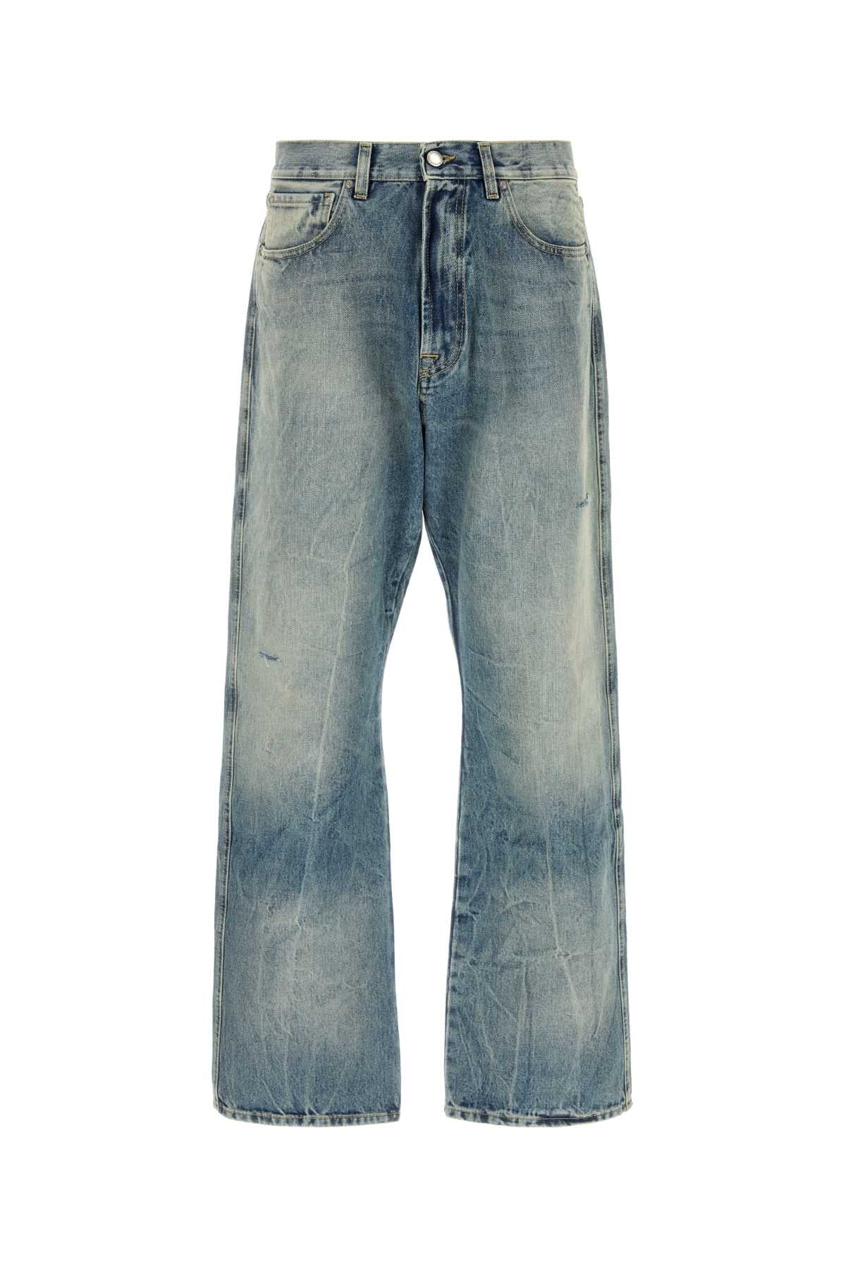 Wide-Leg Distressed Jeans — Blue