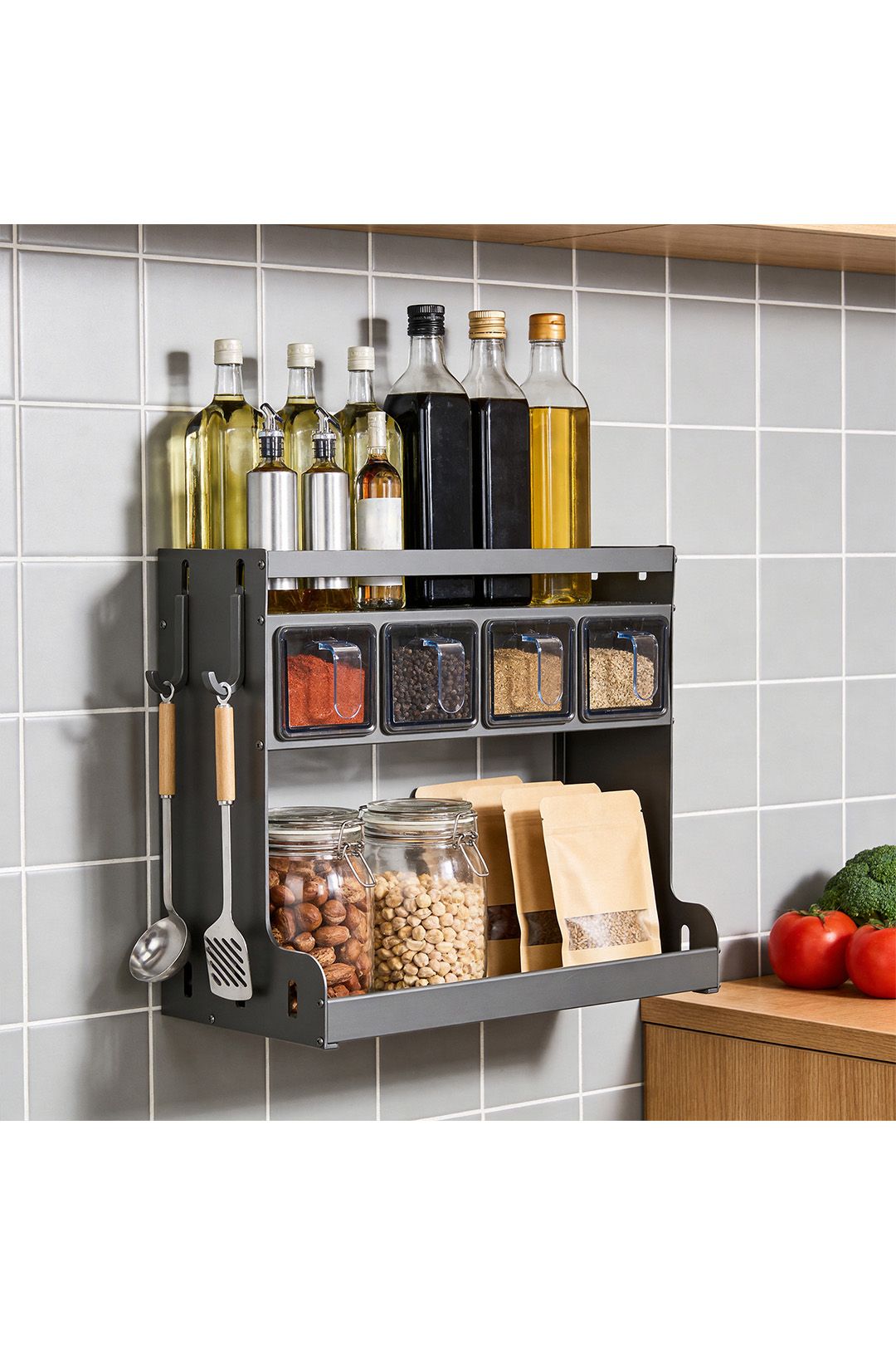 Living And Home 3-Tier Kitchen Spice Rack With 4 Seasoning Boxes In Grey