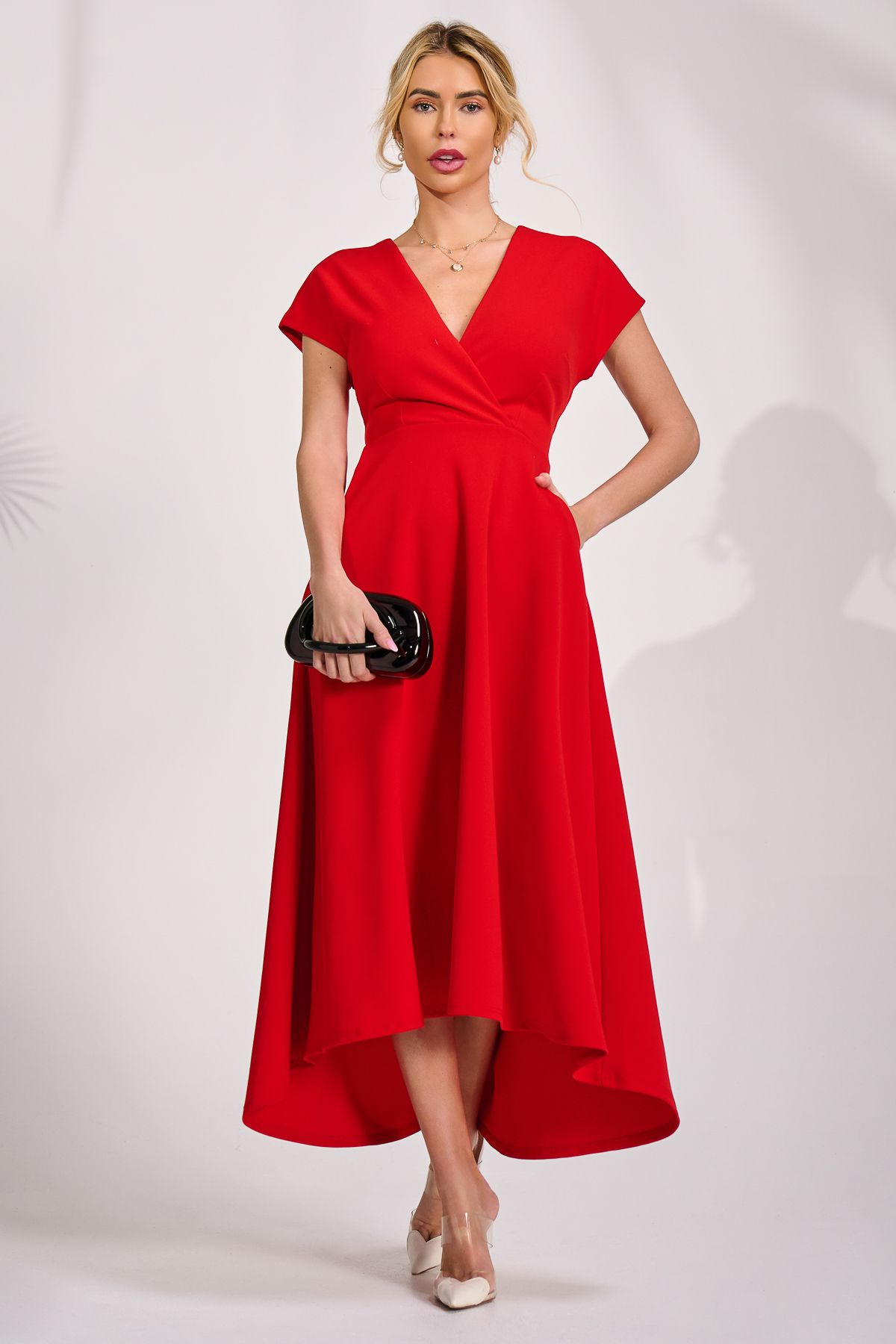 Jolie Moi Women's Scuba Dipped Hem Maxi Dress in Red