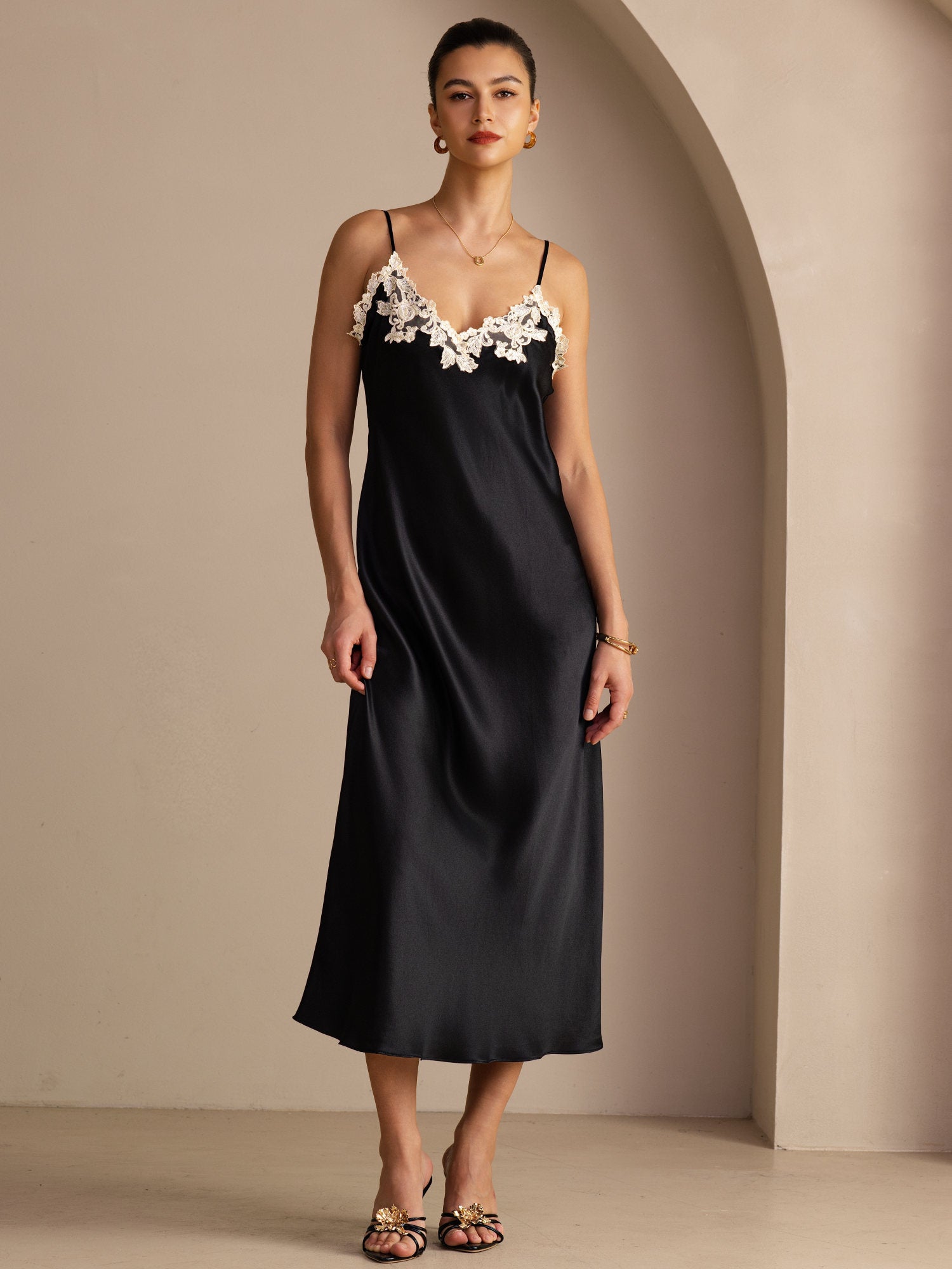 100% Mulberry Silk Spaghetti Strap V Neck Midi Dress with Lace V-Back Design