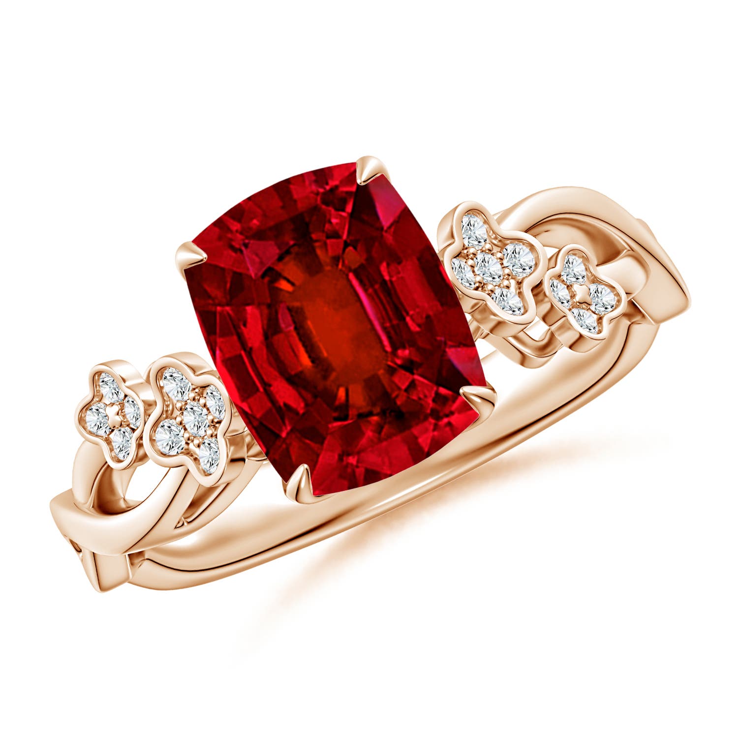 Angara 2.1 Carats Lab-Grown Nature-Inspired Cushion Rectangular Ruby Floral Engagement Ring in 14K Rose Gold