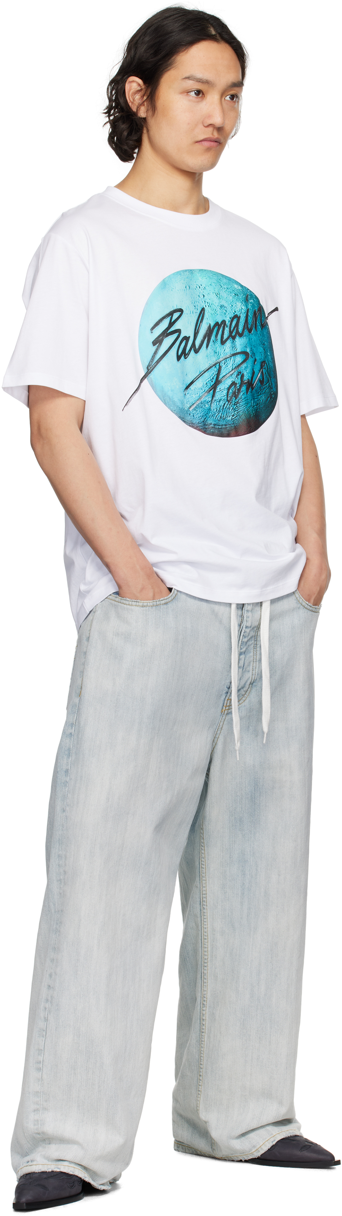 Balmain White Printed 'Balmain Paris' Logo & Planet T-shirt
