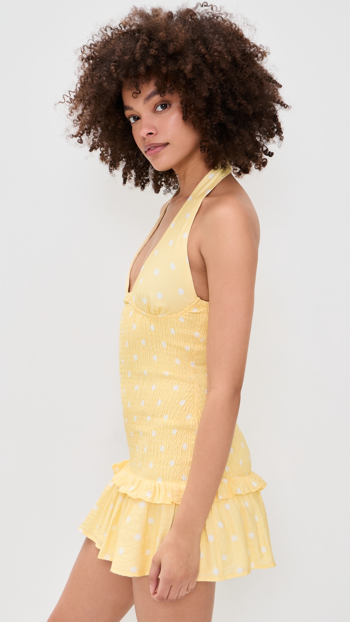 Fleur Shirred Halter Mini Dress Lemon White Polka