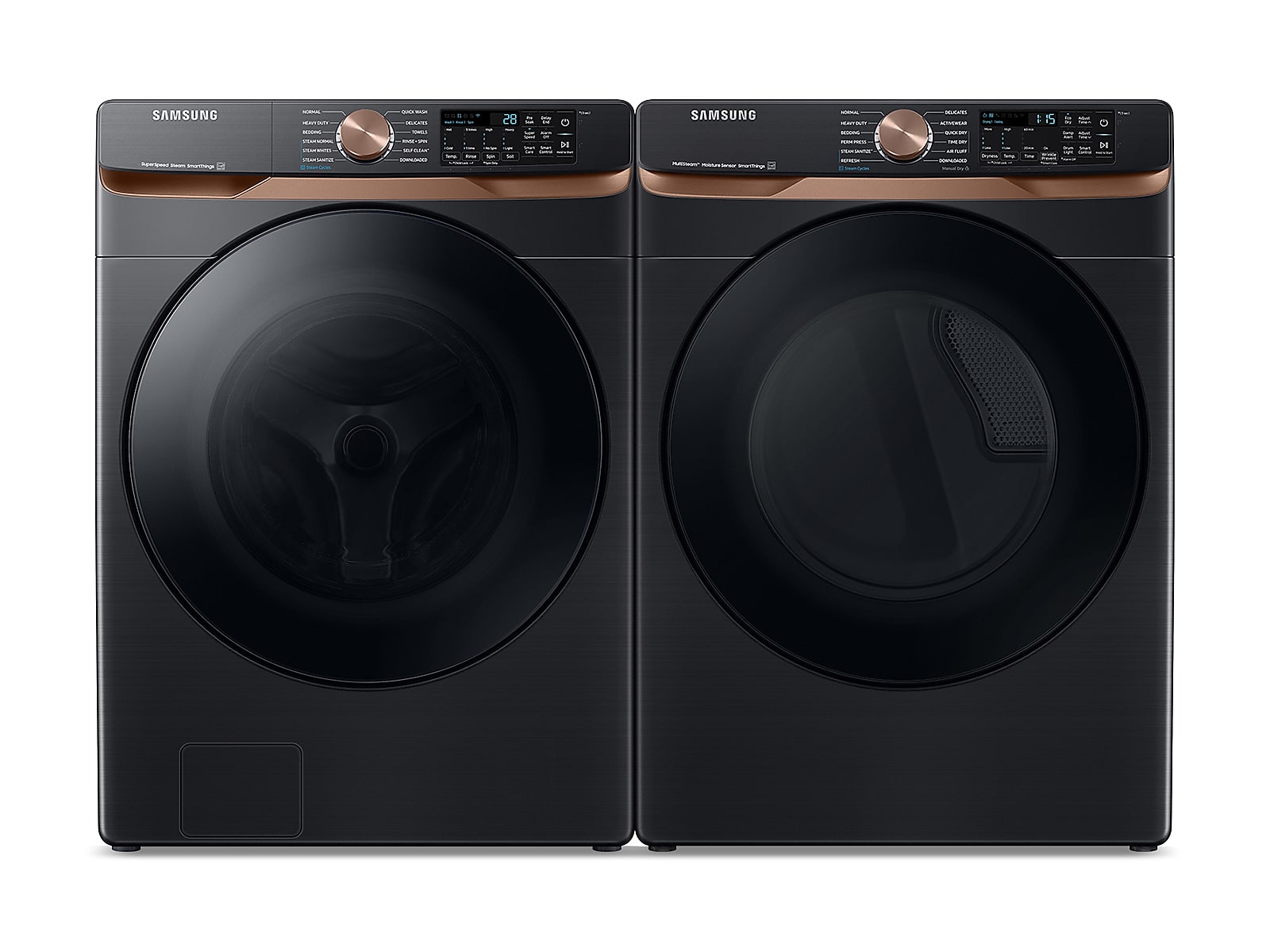 Extra Large Capacity Smart Front Load Washer with Super Speed Wash and Smart Electric Dryer with Steam Sanitize+ and Sensor Dry in Brushed in Black