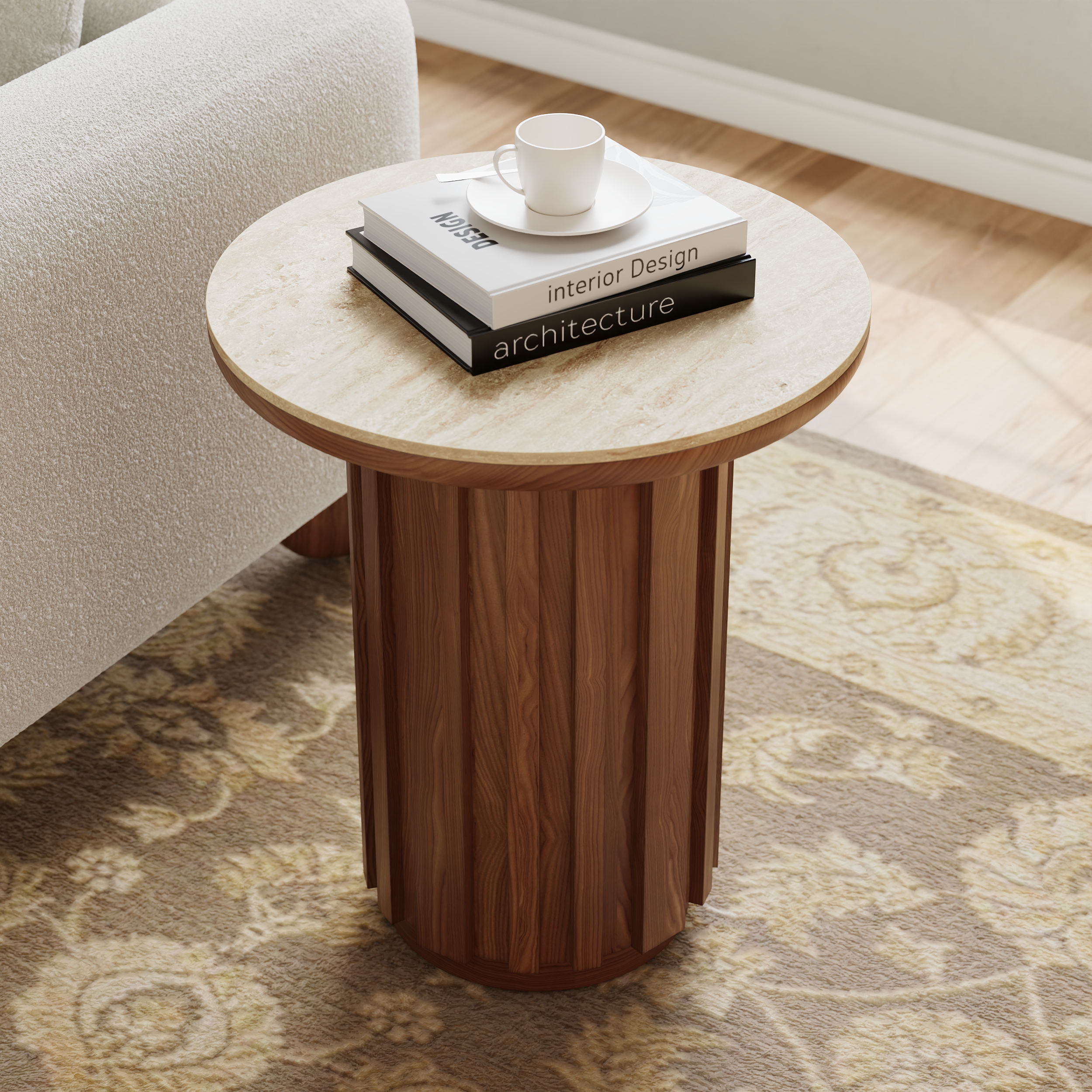 Aura Ash Wood Fluted Walnut Round Side Table with Sintered Stone Top