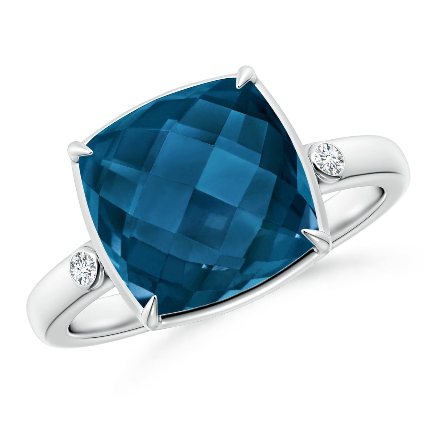 Angara 4.8 Carats Cushion London Blue Topaz Cocktail Ring with Bezel Diamonds in Platinum