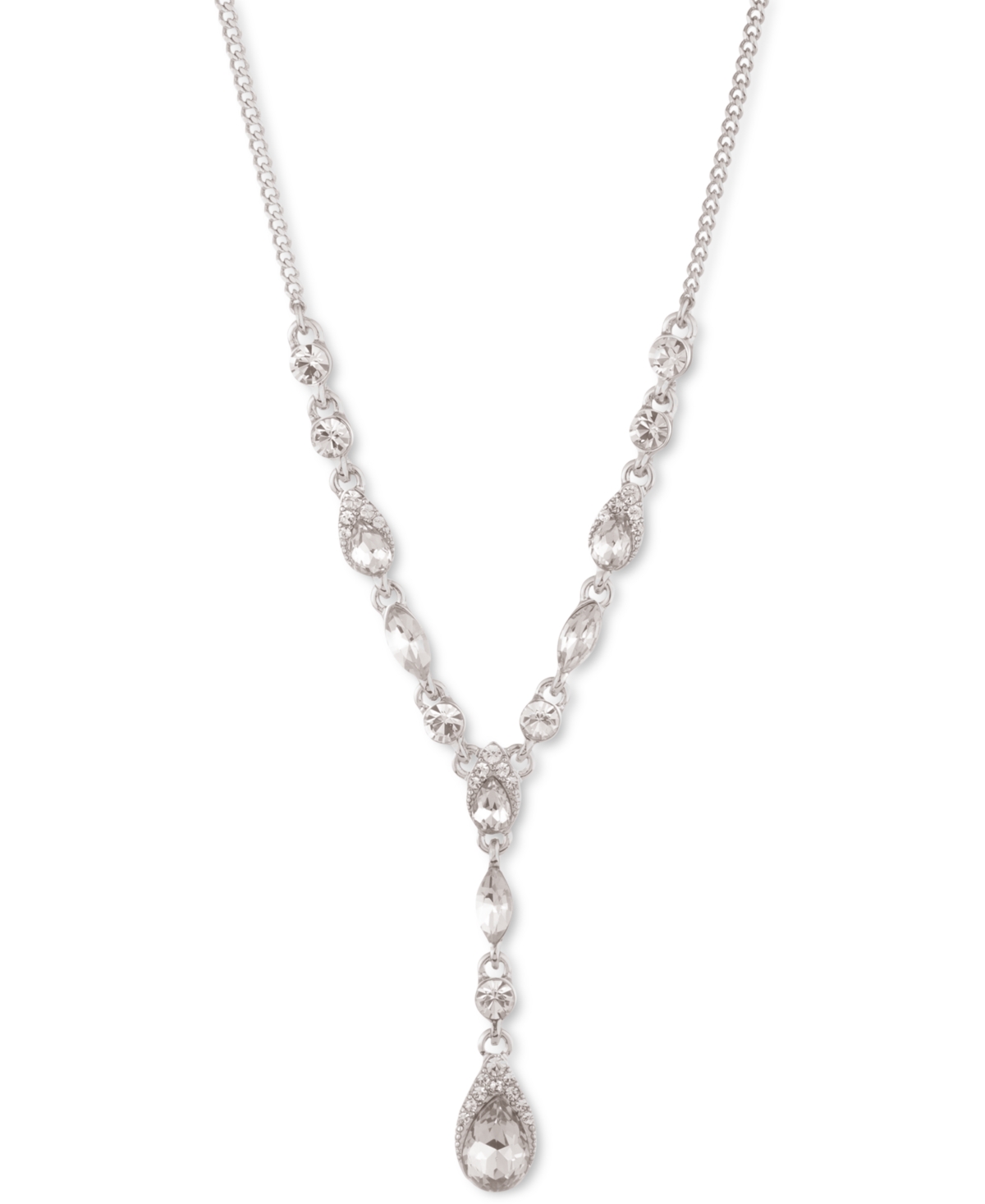 "Pear-Shape Crystal Lariat Necklace, 16"" + 3"" extender - Silver"
