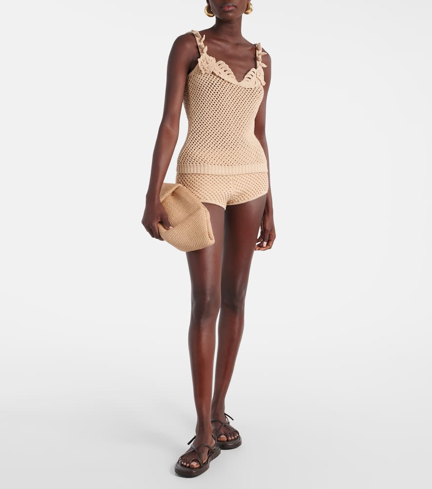 Crochet floral-appliqué cotton-blend top