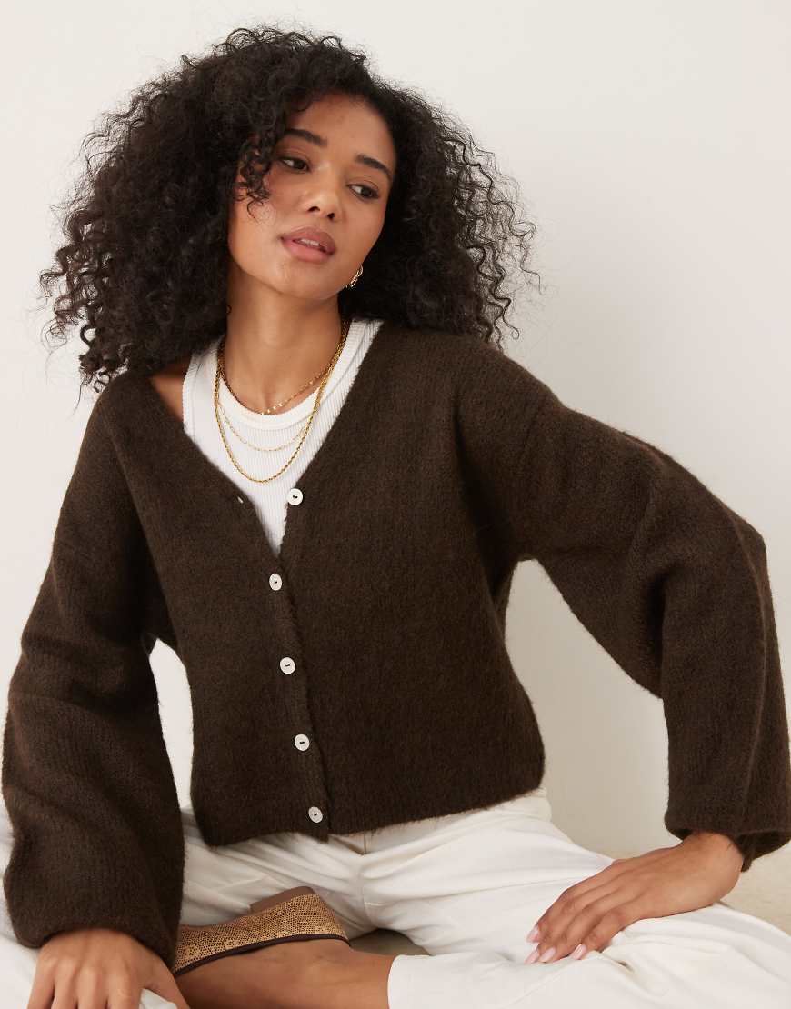 V neck knitted wool alpaca cardigan in brown