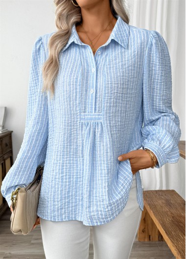 Modlily Light Blue Striped Long Sleeve Turn Down Collar Shirt