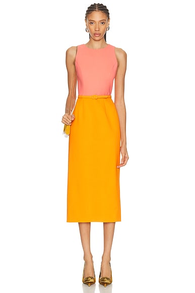 Carolina Herrera Sleeveless Crewneck Midi Dress in Tiger Lily Multi - Orange,Pink. 0 also