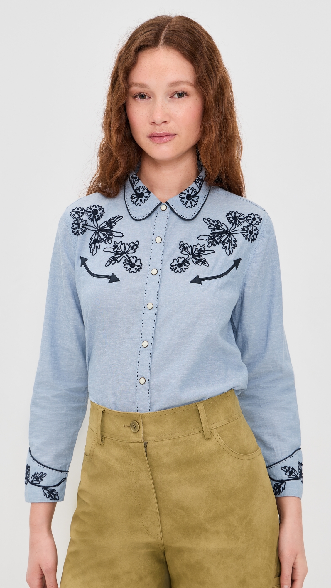 THE GREAT x Stetson The Chambray Embroidered Western Shirt Chambray