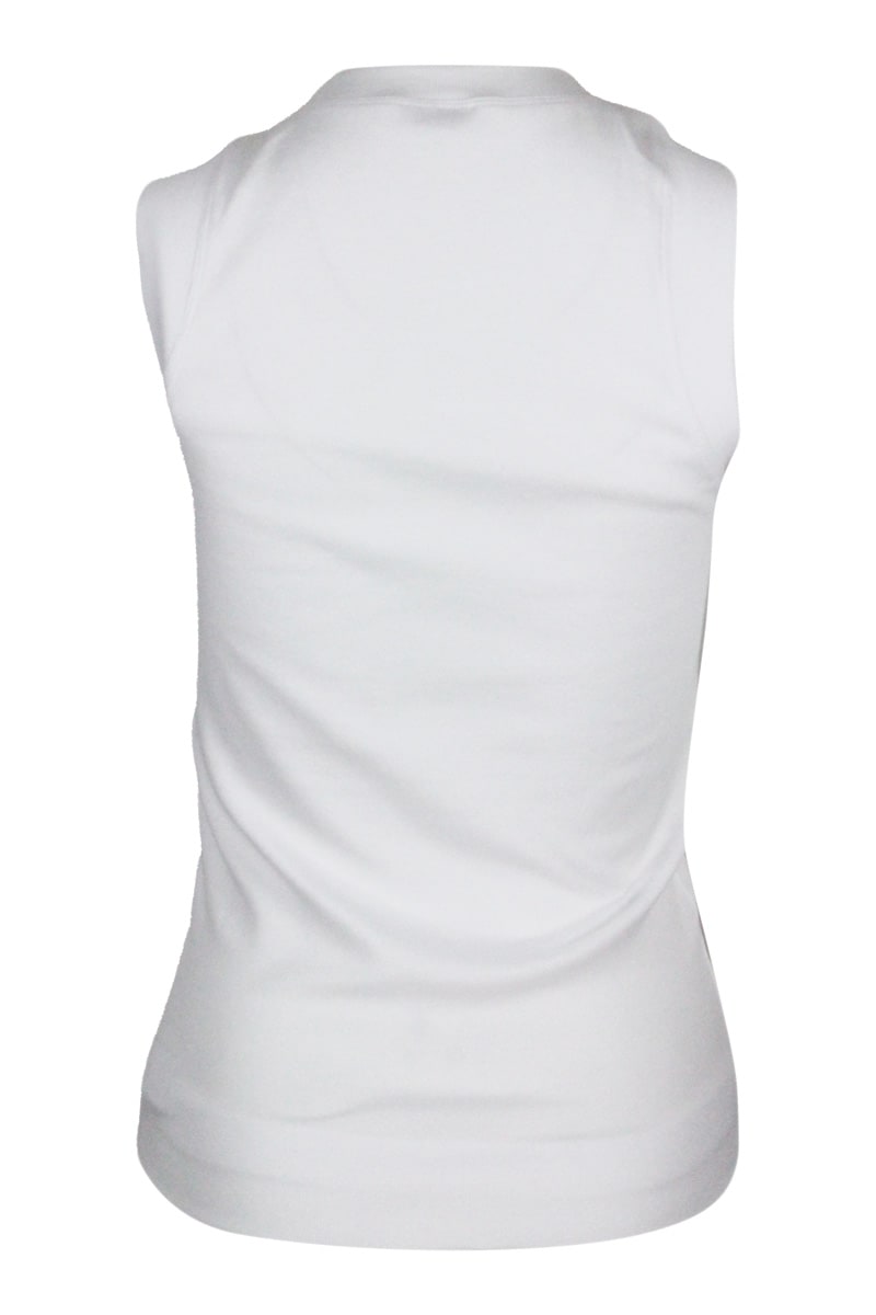 Tank Top T-shirt In Ribbed Stretch Cotton With V-neck And Monili