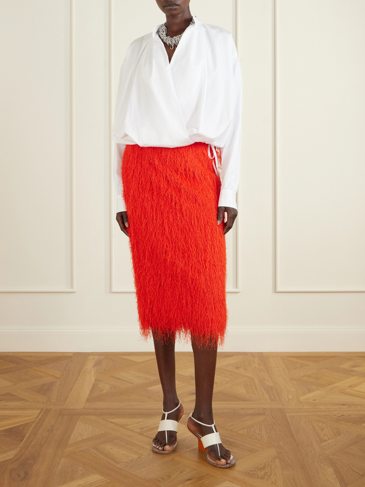 Fringed Knitted Midi Skirt - Red