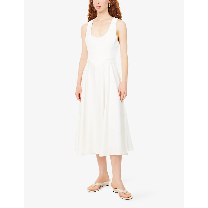 Womens Scoop-Neck Cinched Woven Midi Dress