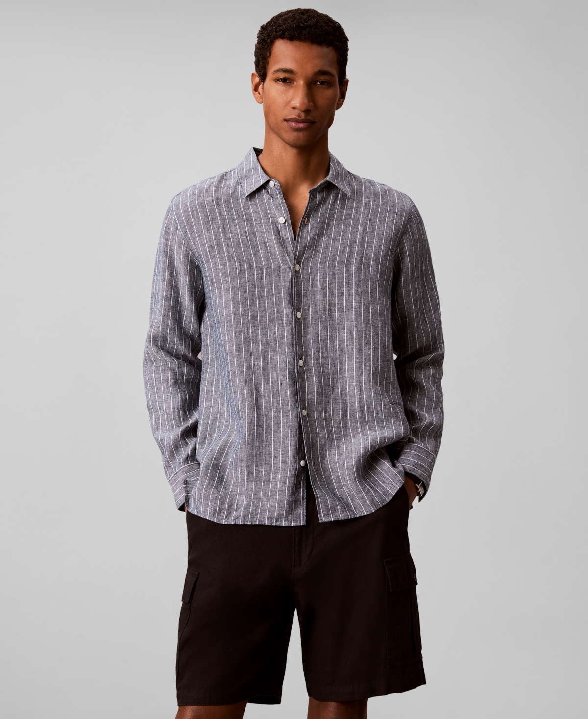 Men's Yarn-Dyed Pinstripe Linen Classic Shirt - Navy Stone