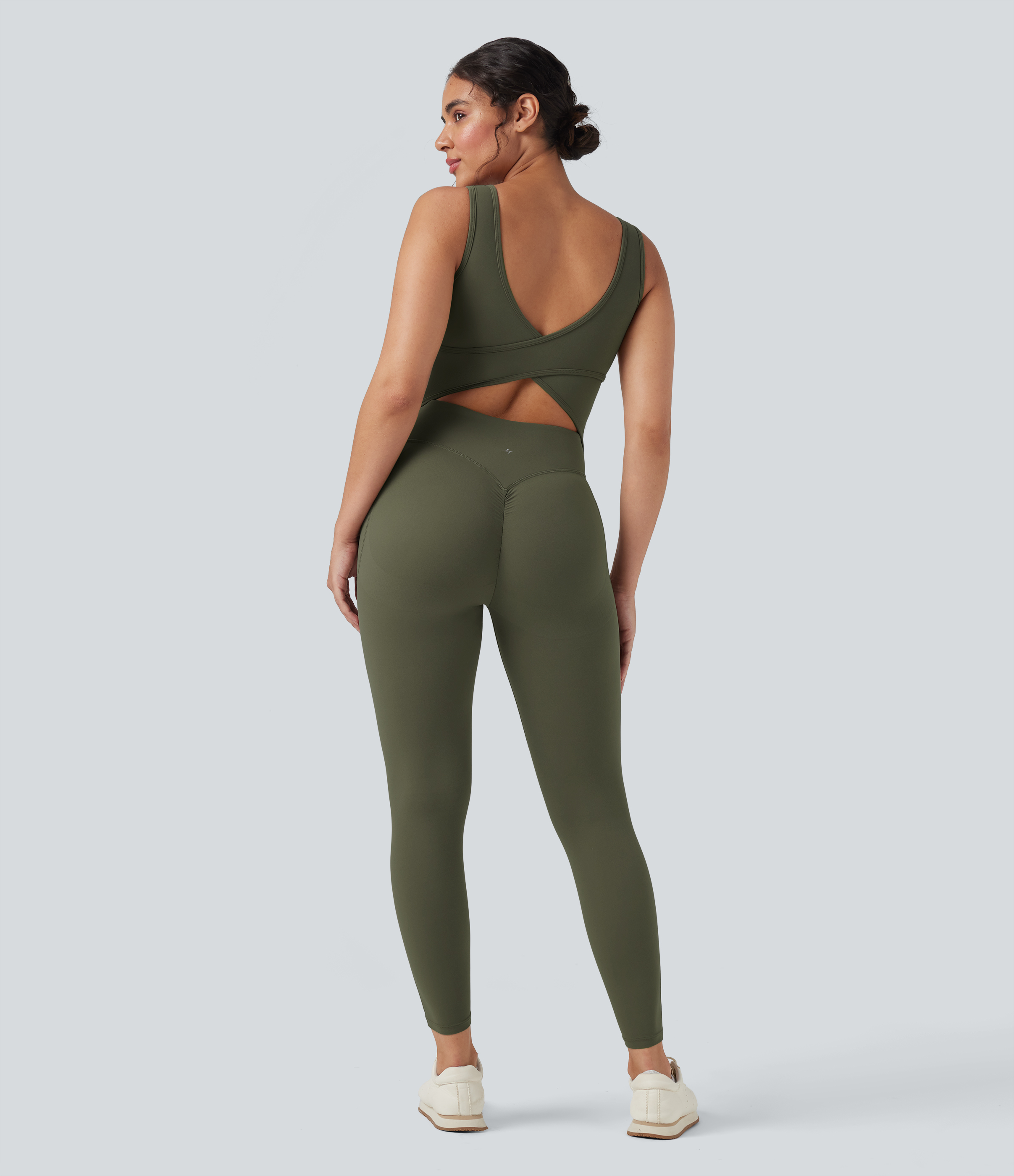 UltraSculpt™ V Neck Tummy Control Butt Lifting Workout Jumpsuit with Pockets Workout Dress - Grass Grey Green