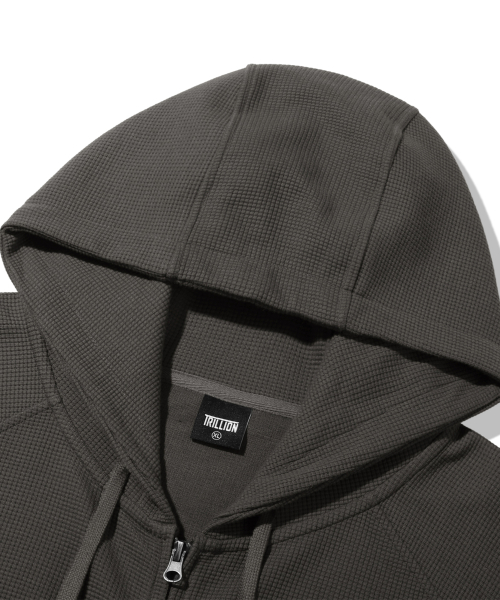 Leather Patch Waffle Hooded Zip-Up_Charcoal
