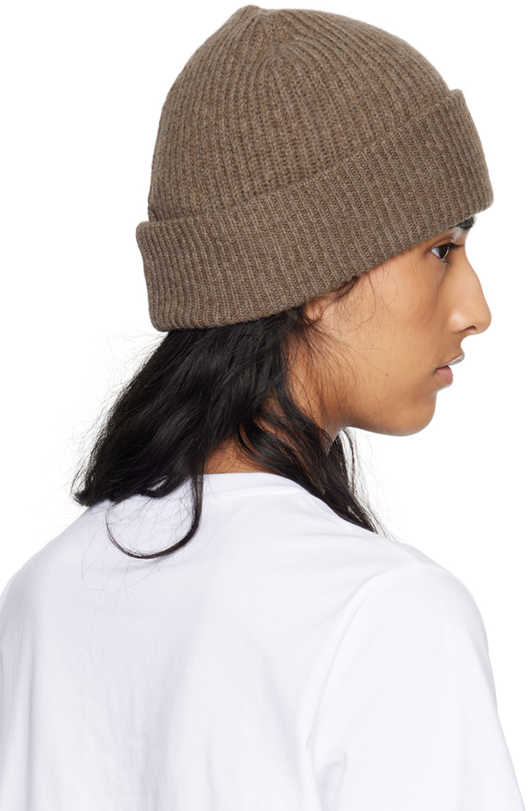 GANNI Taupe Fitted Wool Rib Knit Beanie