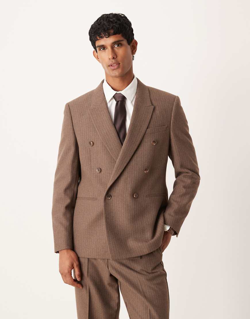 Double breasted regular suit jacket with wool pinstripe in brown