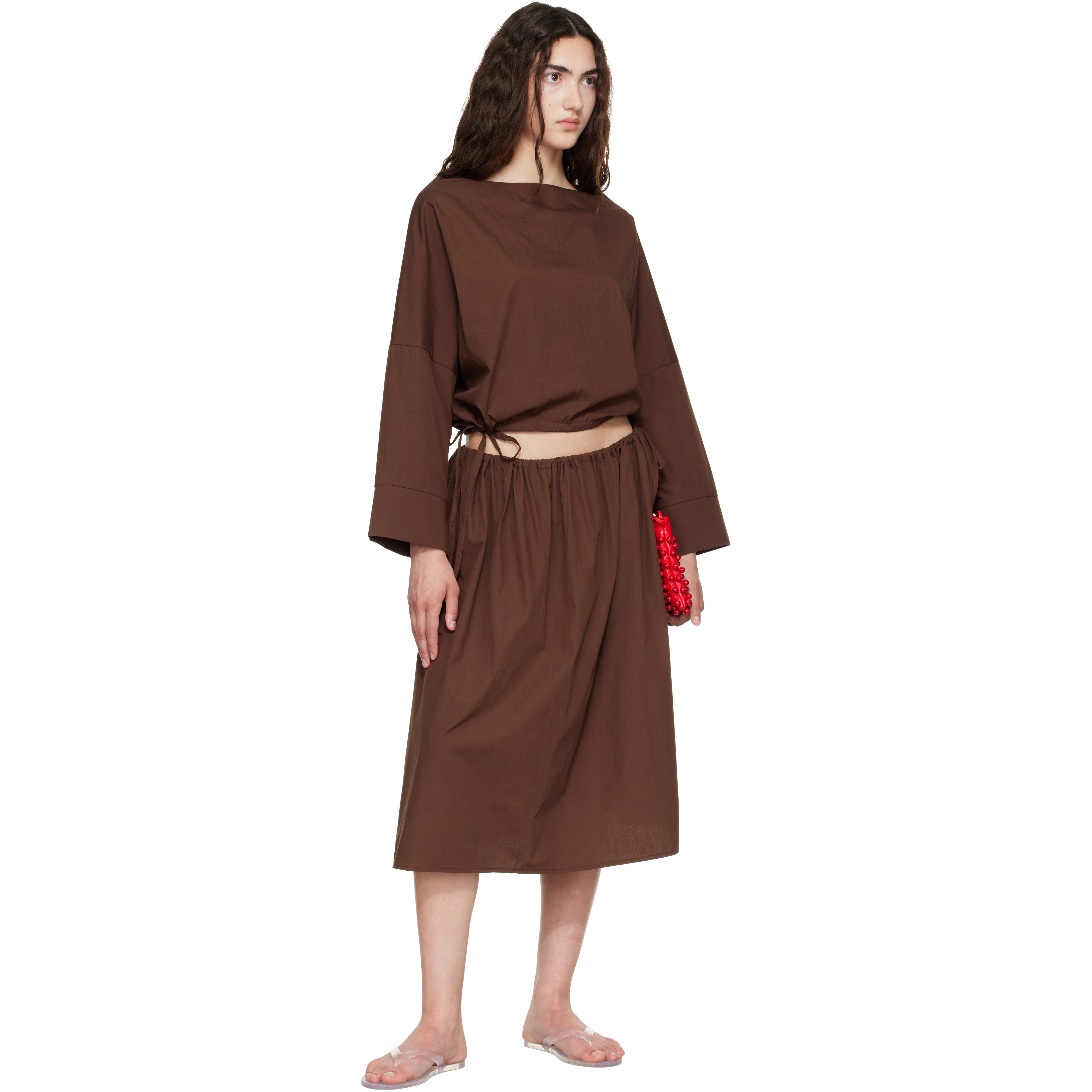 Brown Tie Midi Skirt