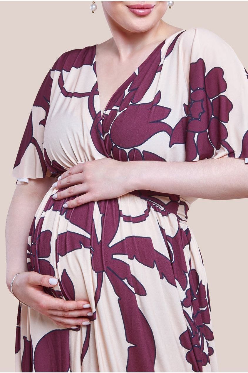 Goddiva Maternity Leaf Print Flutter Sleeve Maxi Dress - Crea
