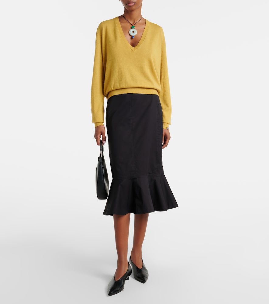 Ruffled cotton-blend poplin midi skirt