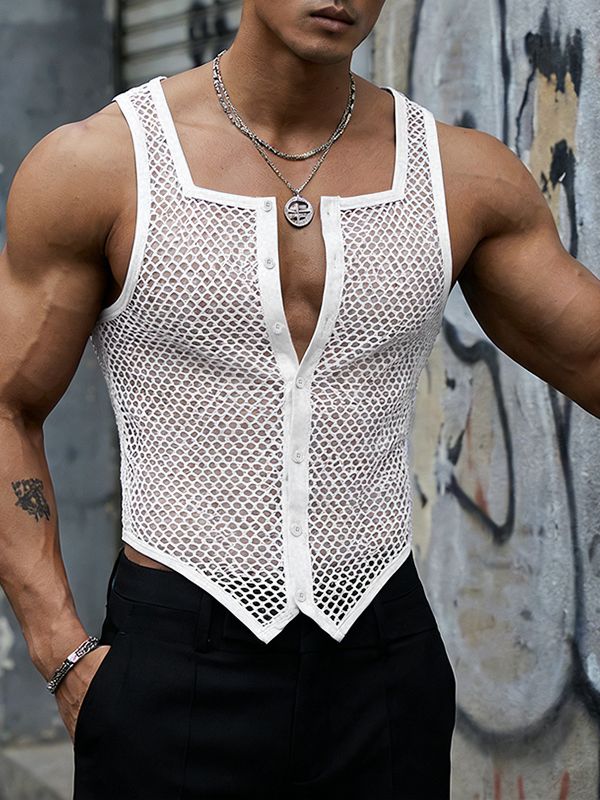 Men's Sheer Mesh Square Neck Pointed Hem Tank SKUL54101 - White / S