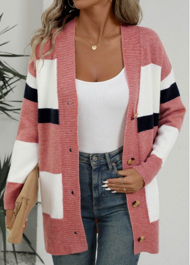 Modlily Pink Button Striped Long Sleeve Cardigan