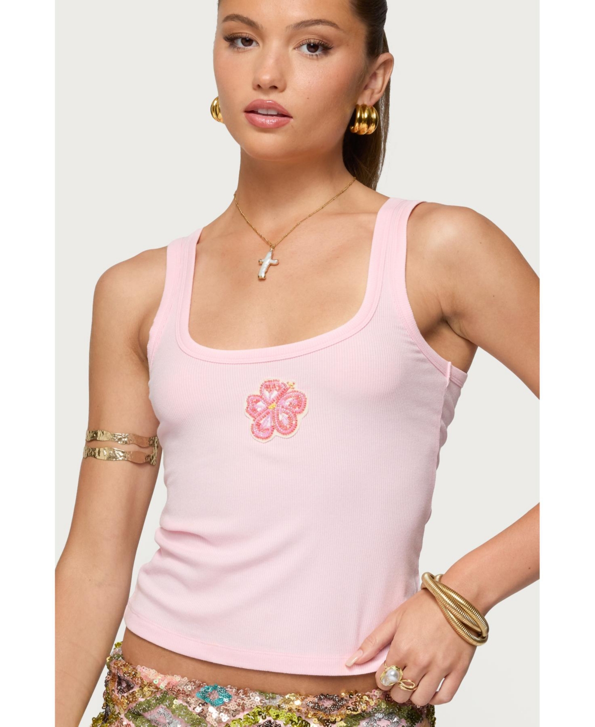 Women's Steffy Beaded Flower Ribbed Top - Light-pink