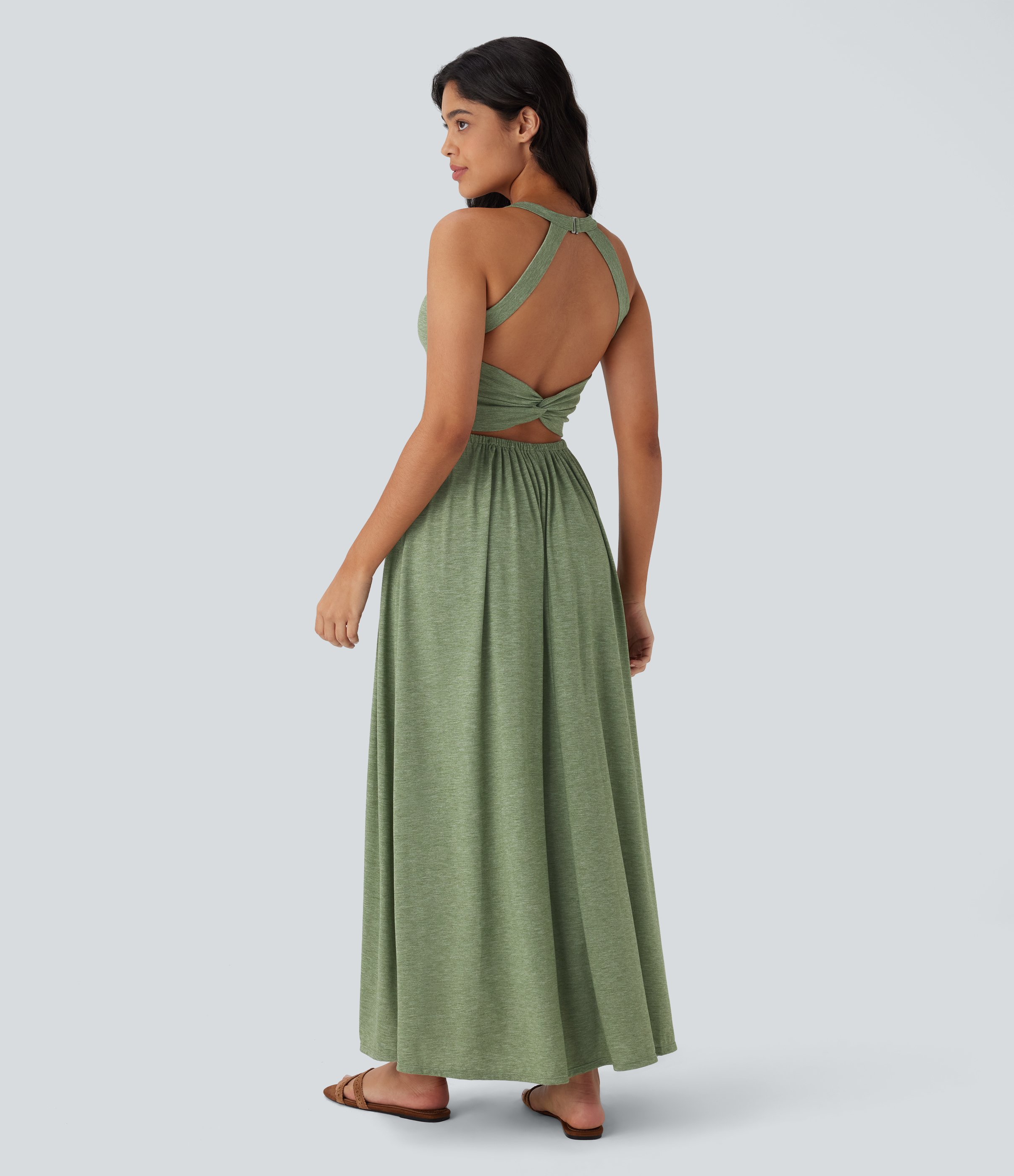 Twisted Backless Split Flowy Maxi Resort Dress with Pockets Casual Dress - Light Green Floral Yarn