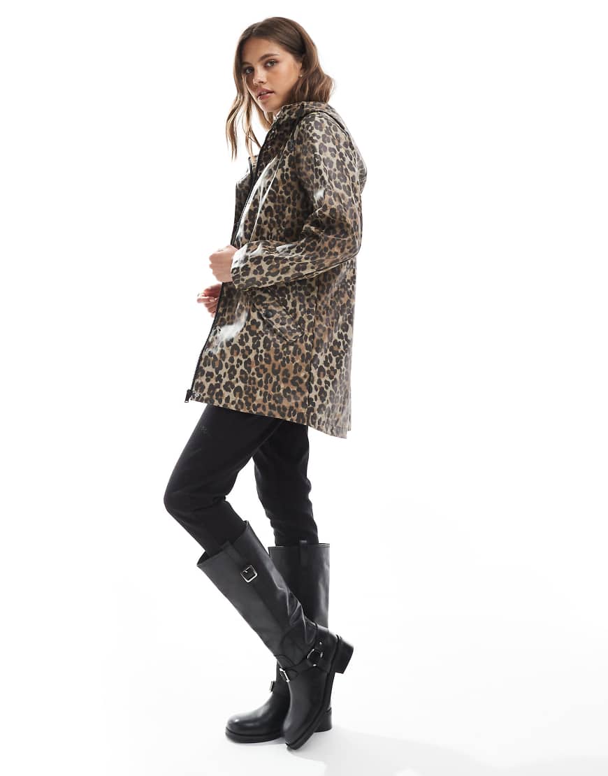 Coated rain jacket with hood in leopard print-Neutral