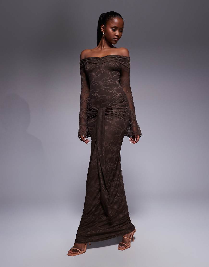 Exclusive double layered slinky lace bardot flare sleeve tie waist drape detail maxi dress in chocolate-Brown