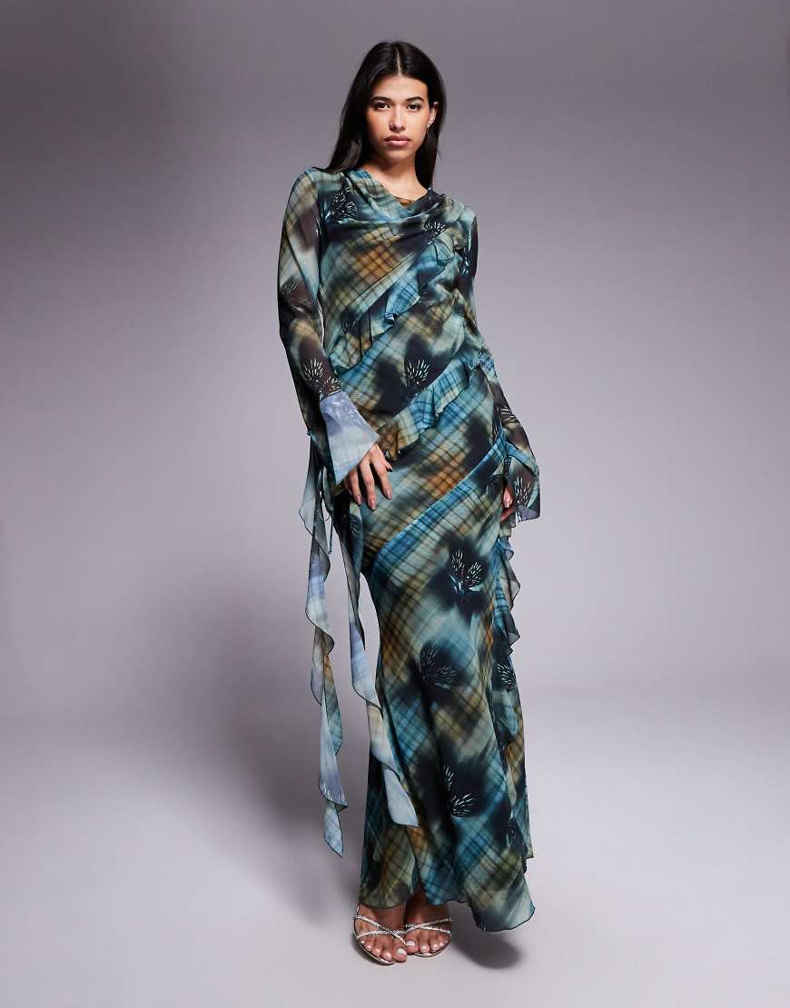 Chiffon ruffle maxi dress in tarten print-Multi