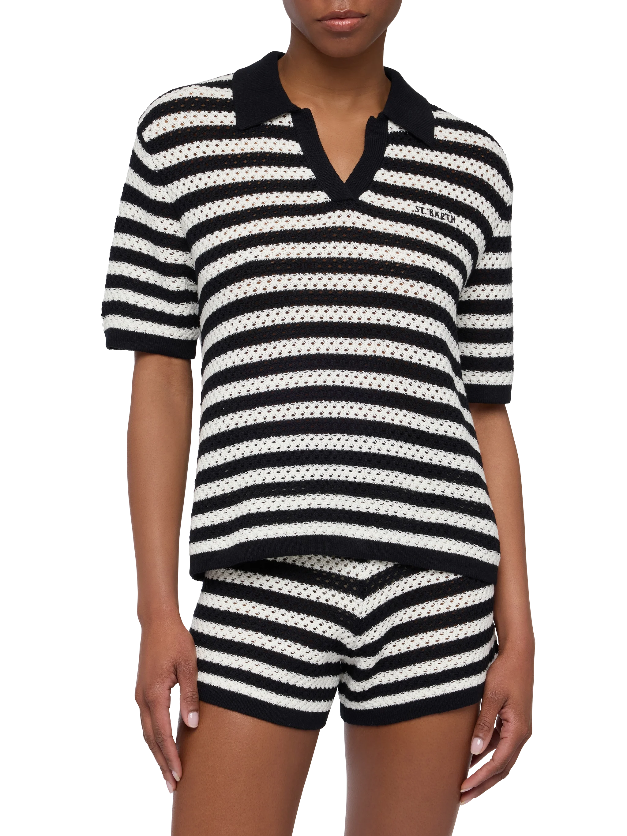 Pixie Black Striped Knit Polo Shirt - Women