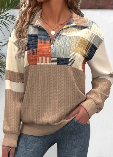 Modlily Light Camel Zipper Geometric Print Long Sleeve Sweatshirt