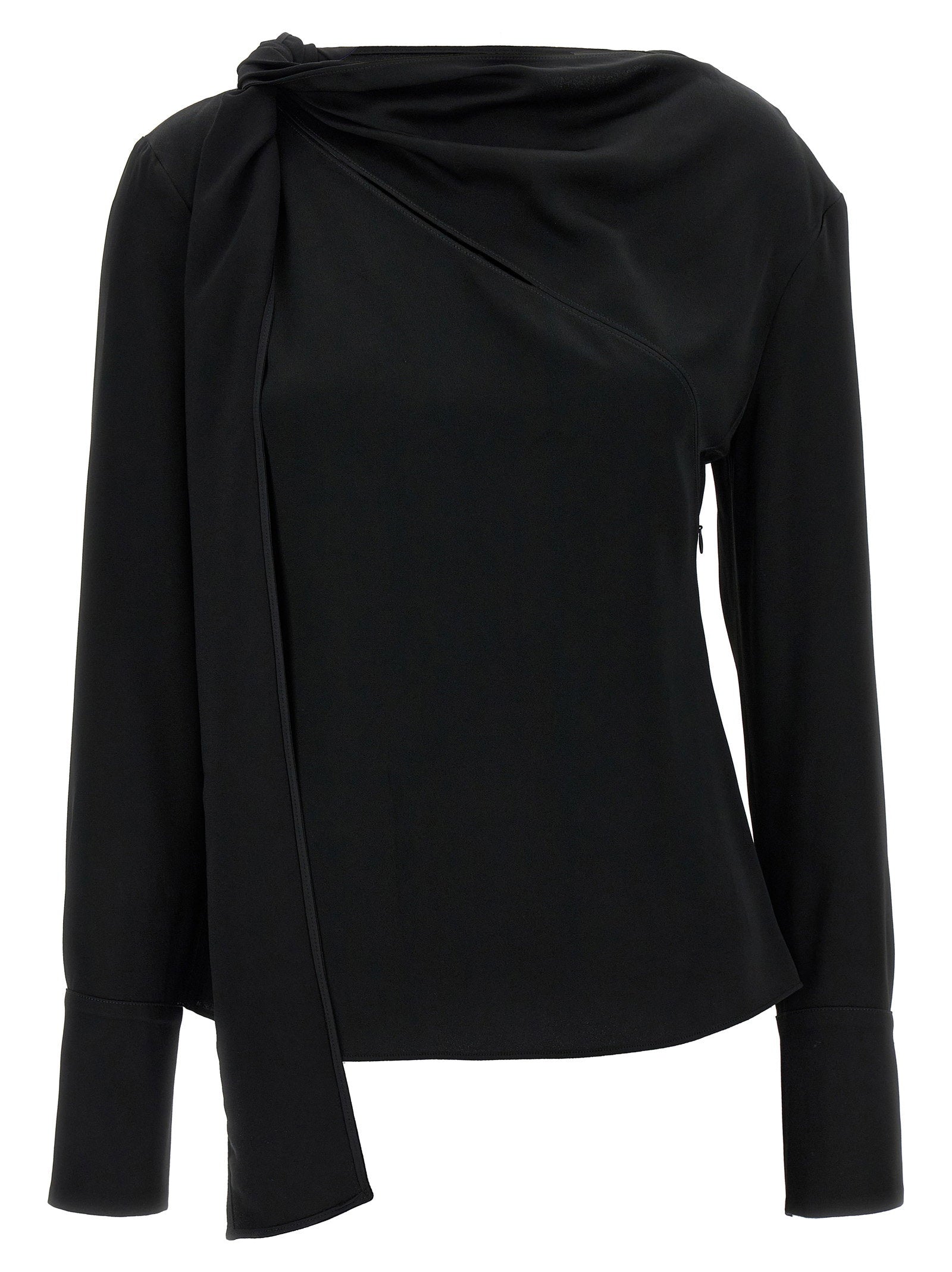 Viscose Blend with Sash Neckline Blouse — Black