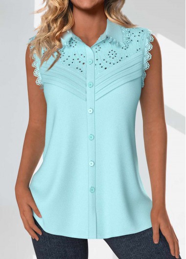 Modlily Light Blue Tuck Stitch Sleeveless Shirt Collar Tank Top