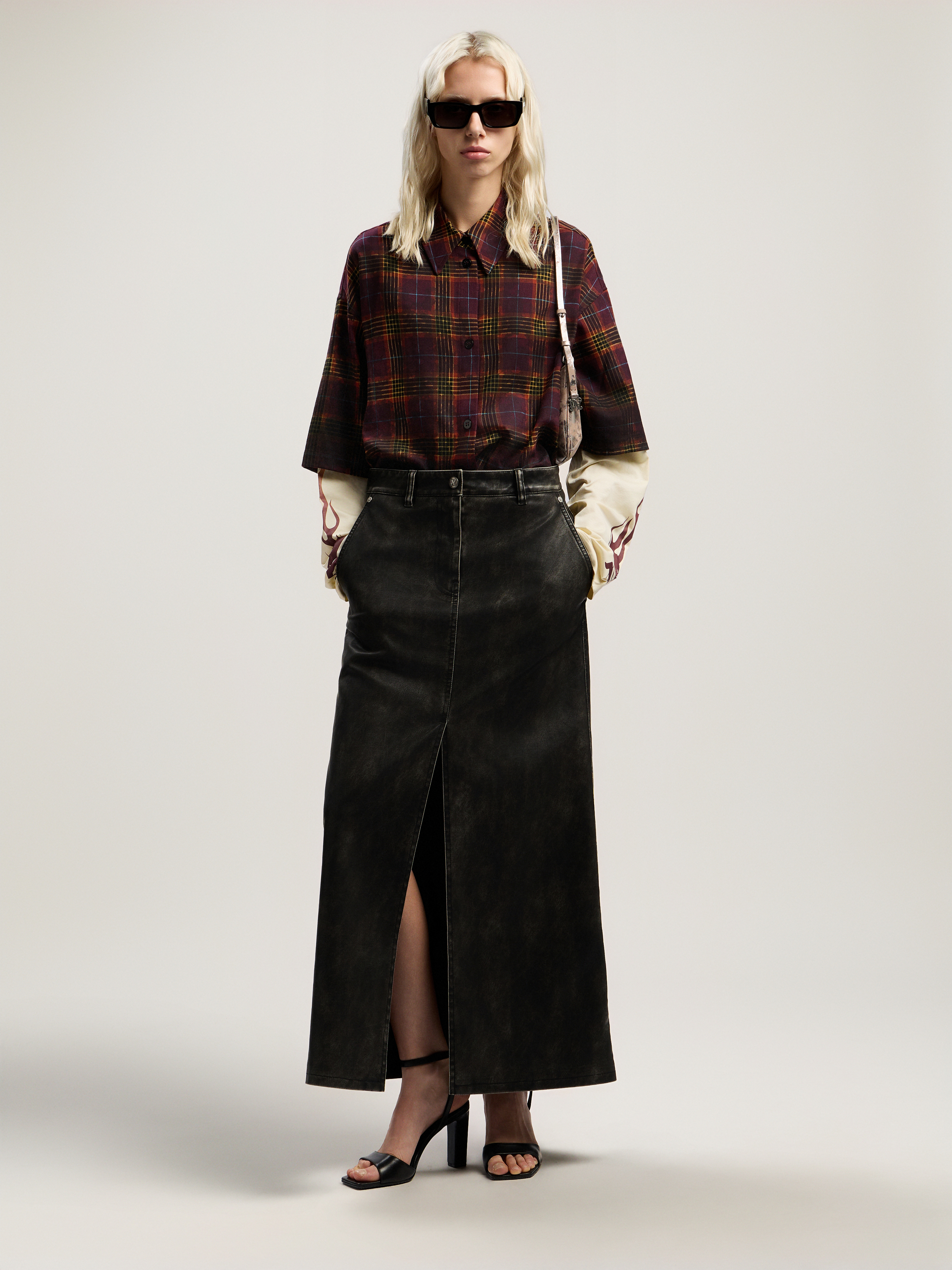 Curved Logo Coated Long Skirt Woman  Dark Grey