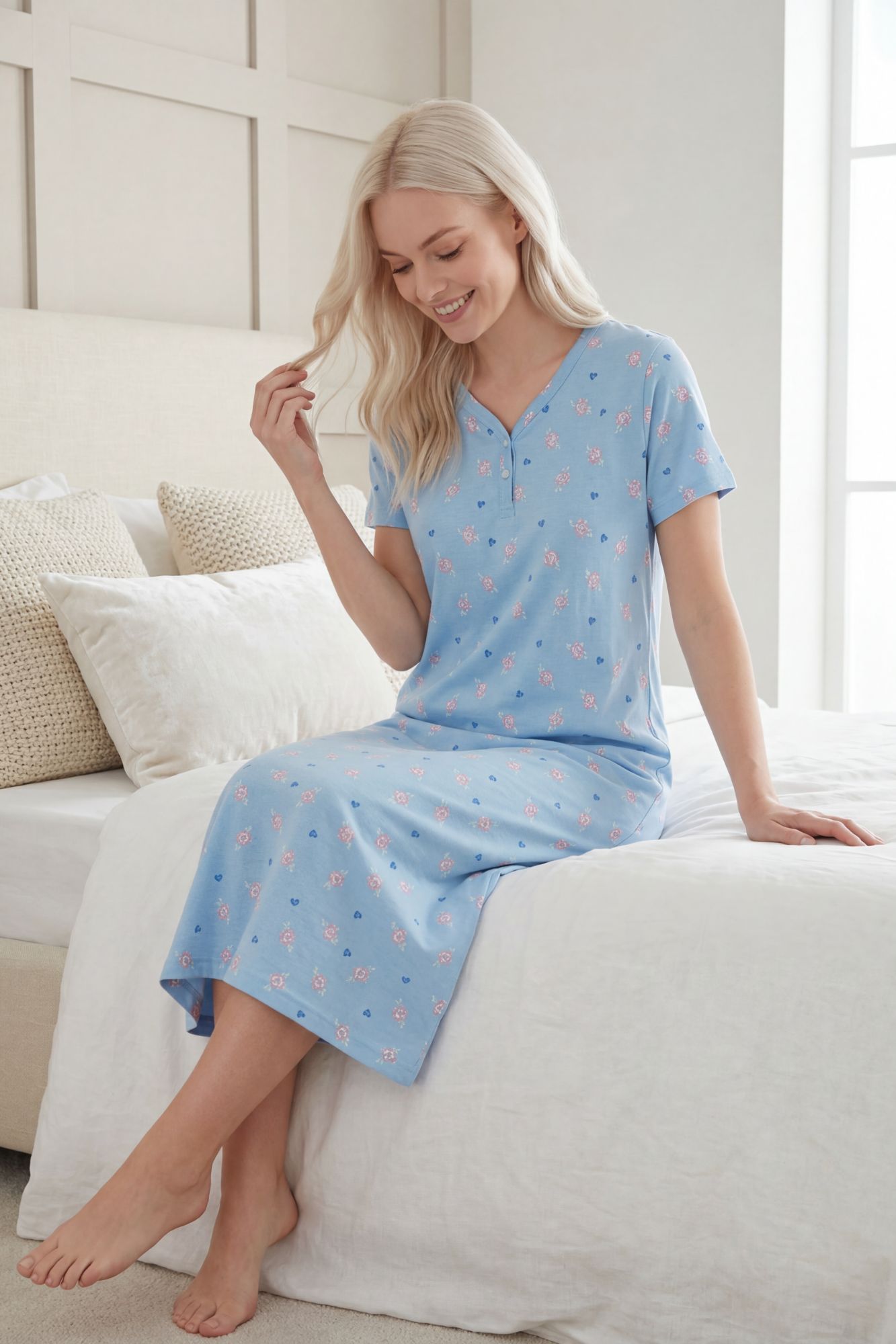 Camille Women's 100% Cotton Classic Full Length Short Sleeved Nightdress in Pale Blue